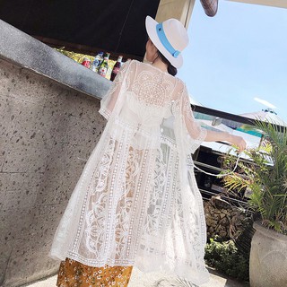 Áo choàng dáng dài phối ren lưới thiết kế thanh lịch cho phái nữ