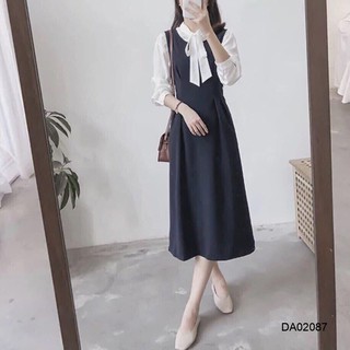 Đầm phối sơ mi trắng cột nơ