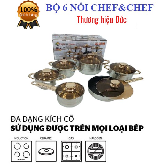 BỘ NỒI VÀ CHẢO 6 MÓN VUNG KÍNH KAISA VILLA KV-6618/ CHEF&amp;CHEF ĐÁY TỪ 5 LỚP