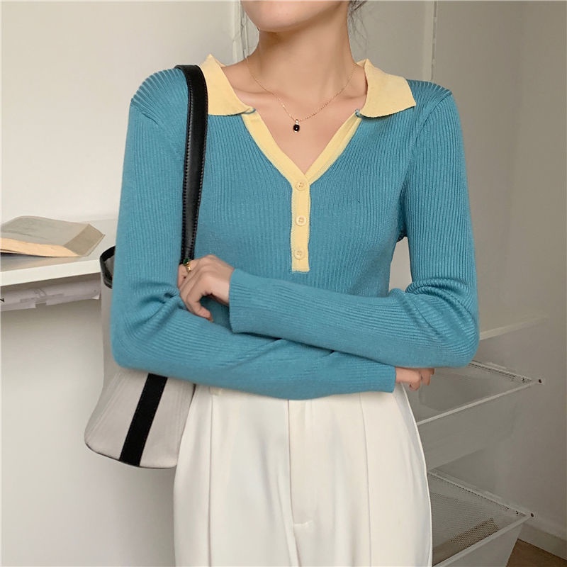 Áo Thun Dệt Kim Cổ POLO Tay Dài Màu Sắc Tương Phản Thời Trang Dành Cho Nữ