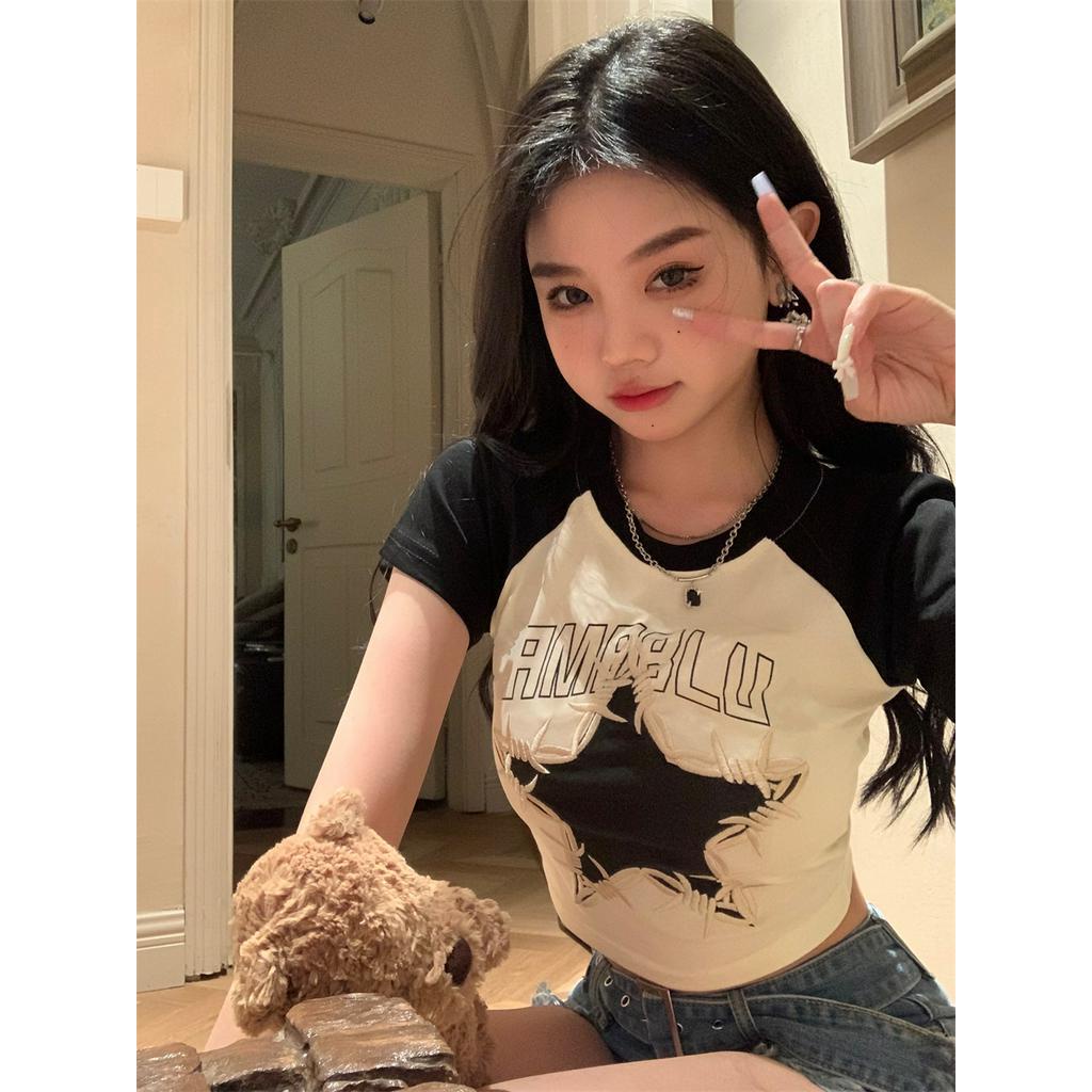 Áo Thun Ngắn Tay Thêu Chữ / Ngôi Sao Nhiều Màu Sắc Phong Cách Vintage Cho Nữ