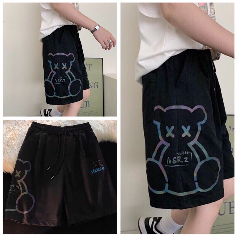 [XẢ KHO] Quần Sooc Nam Nữ Mặc Nhà, Quần Đùi Unisex Ống Rộng Màu Đen In Hình Gấu(Hàng Sẵn- Ảnh Thật)