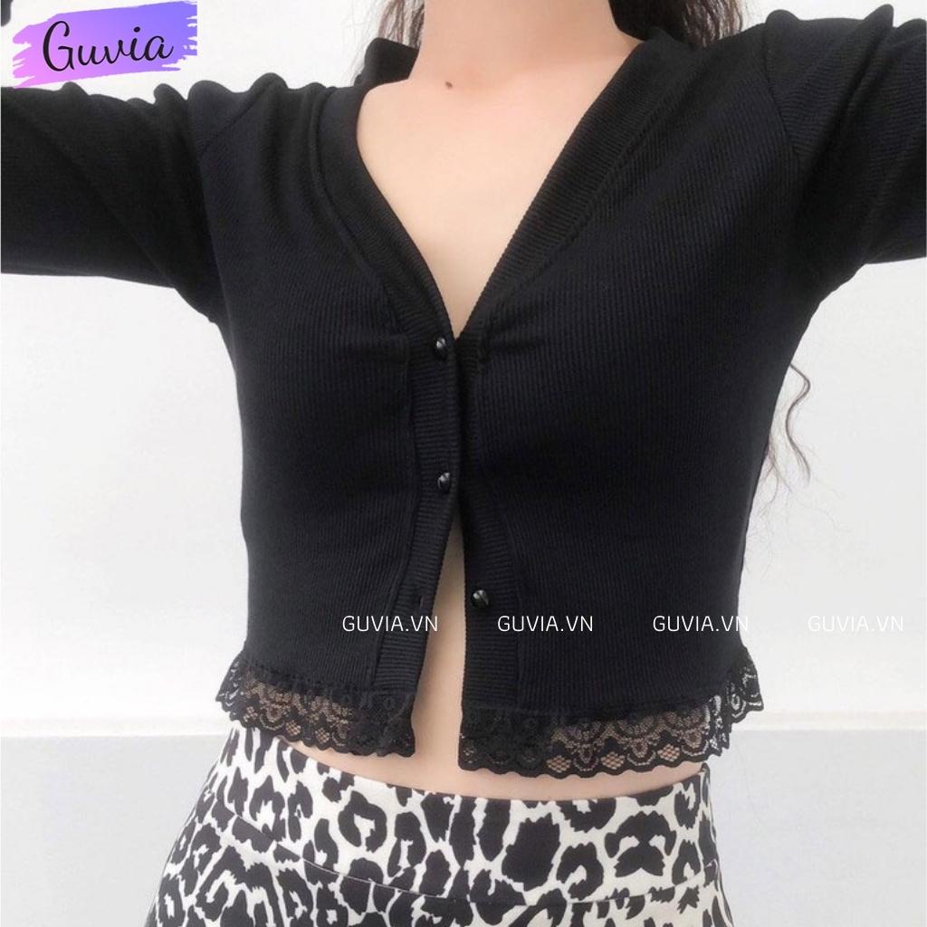 Áo Croptop Tay Dài Cổ Tim phối ren Kiểu Nữ Ôm Body Sexy Ulzzang GUVIA