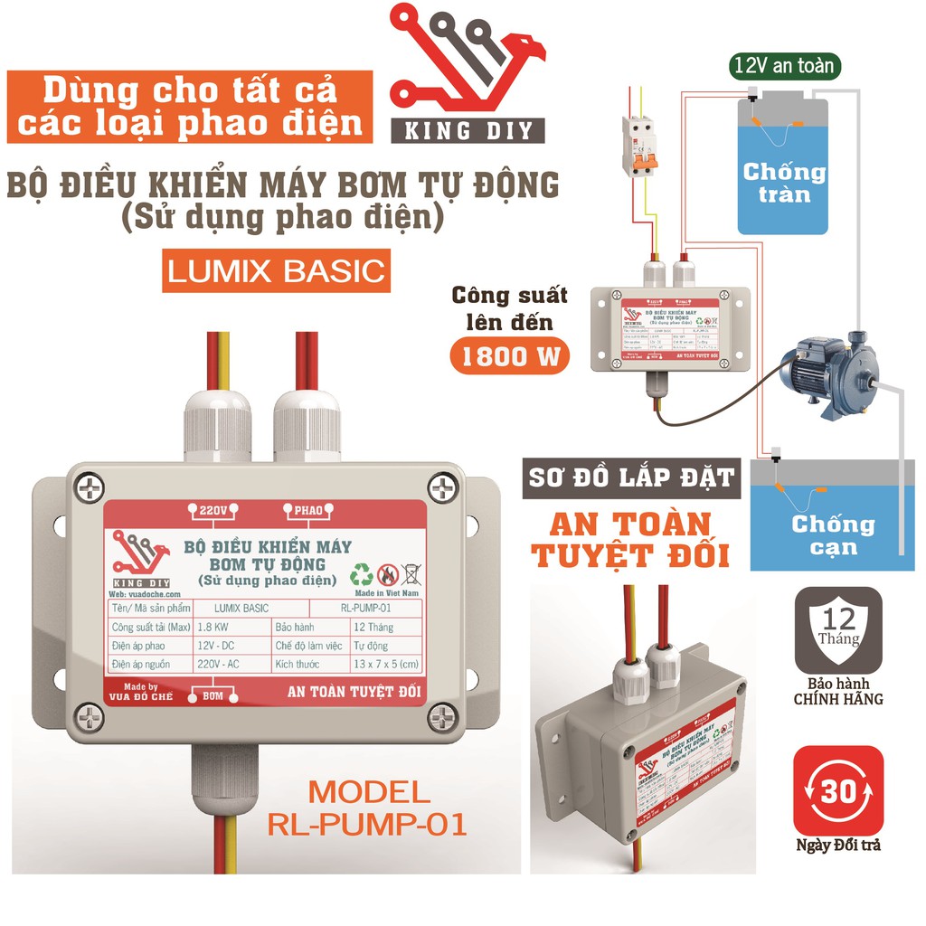 Phao điện bồn nước tự động chống giật,Bộ điều khiển máy bơm nước tự động sử dụng phao điện chống giật