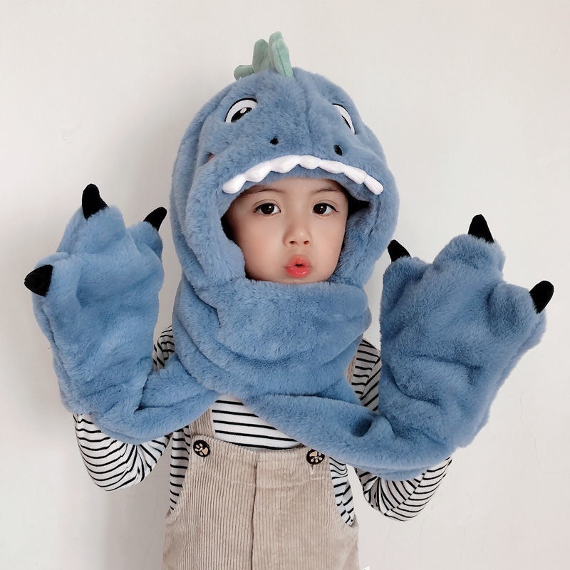 Mũ trùm đầu nhồi bông dày dặn hình khủng long dễ thương cho bé trai và bé gái