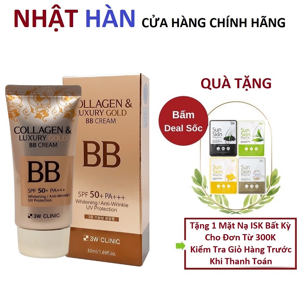 Kem nền trang điểm 3 trong 1 3W Clinic Collagen & Luxury Gold BB Cream SPF50+ PA+++ 50ml