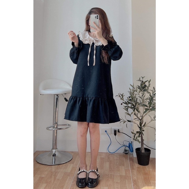 Váy nhung tăm dài tay dáng đuôi cá cổ bèo ngang Ulzzang | BigBuy360 - bigbuy360.vn