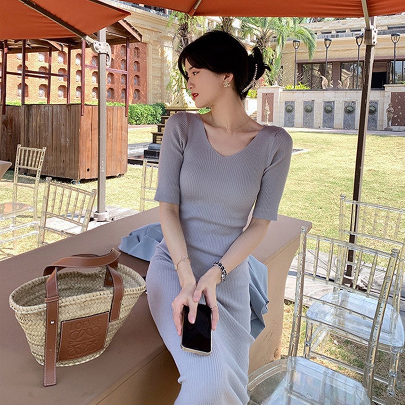 IELGY   Đầm Dệt Kim Mỏng Cổ Chữ v Màu Xanh Lá Thời Trang Cho Nữ