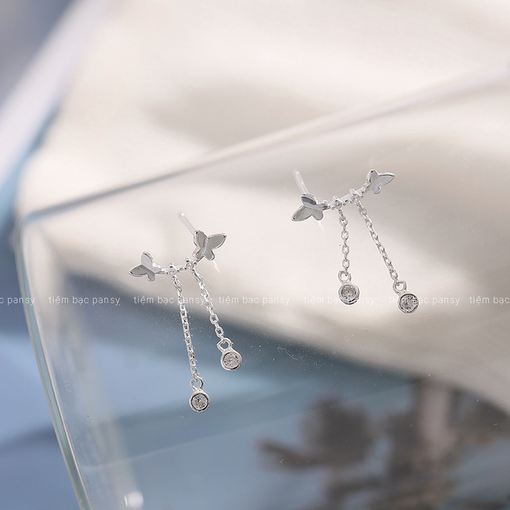 Bông tai bạc nữ PANSY hình cánh bướm thả sợi dáng dài, khuyên tai bạc hồ điệp xinh xắn