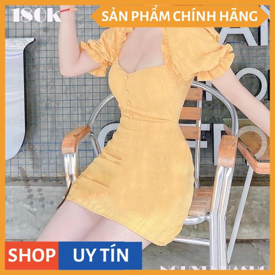 Đầm Váy Body Tay Phồng Đính Nút Chất Liệu Cao Cấp (Có Mút Ngực) Đa Màu Sắc (Vàng, Xanh, Hồng) Thời Trang Nữ Dự Tiệc, Dạo | WebRaoVat - webraovat.net.vn