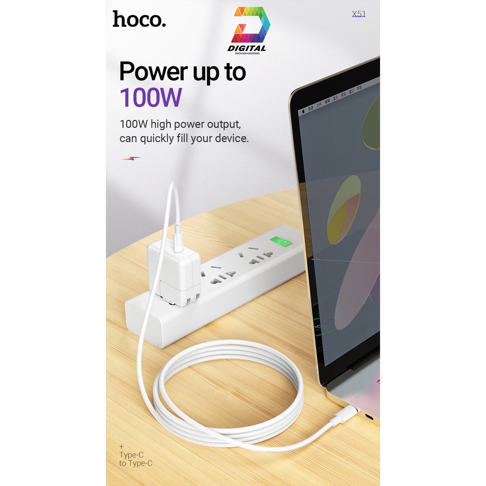 Cáp Type C to Type C Hoco X51 Sạc Nhanh PD 2.0 100W Quick Charge 3.0 Dài 1 Mét Chính Hãng