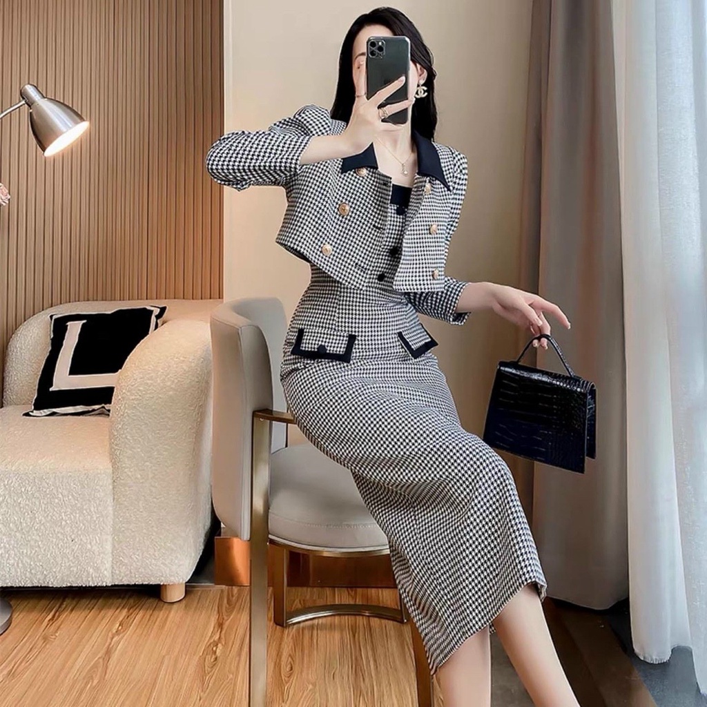 Set đầm váy nữ 2 dây mix áo khoác croptop dài tay sang chảnh với họa tiết sọc caro đính nút dành cho các nàng đi chơi