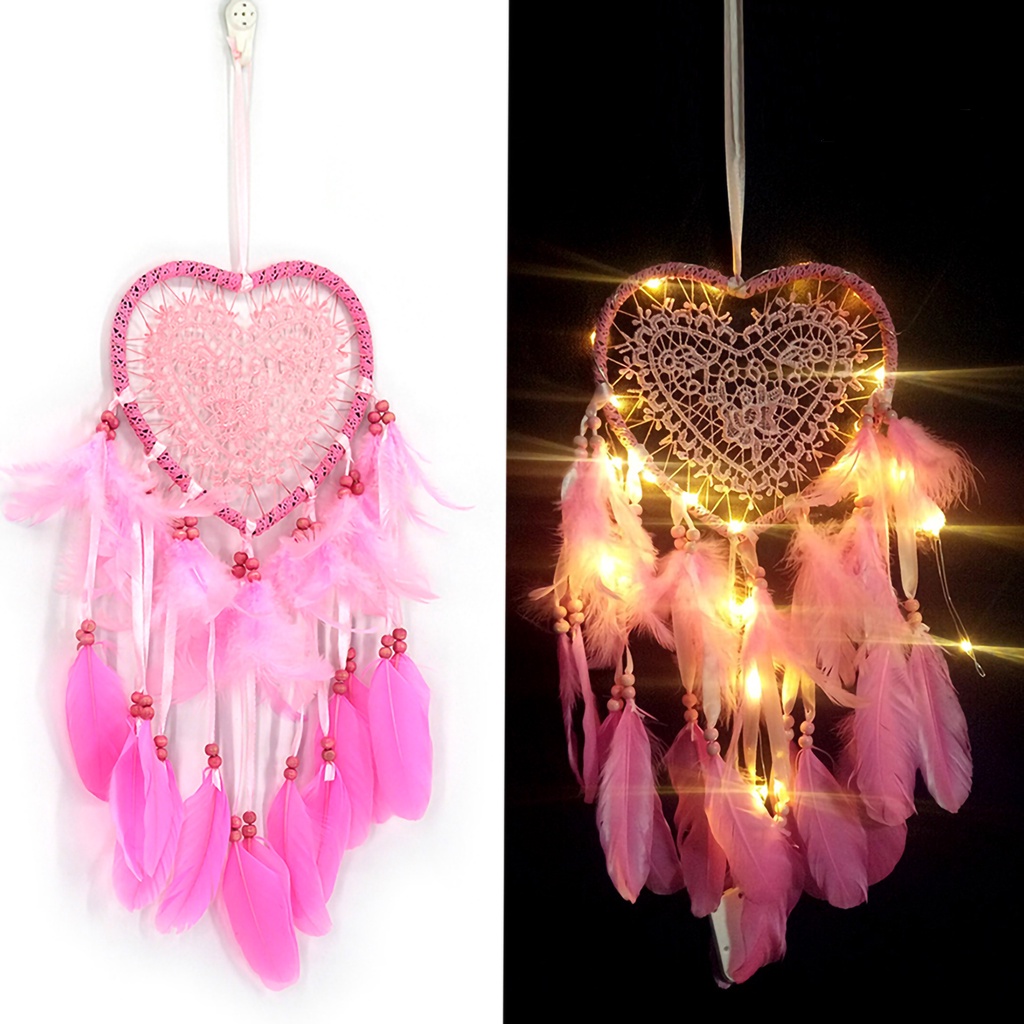 Dreamcatcher Lông Vũ Hình Trái Tim Có Đèn Led Phát Sáng Trang Trí Phòng Ngủ