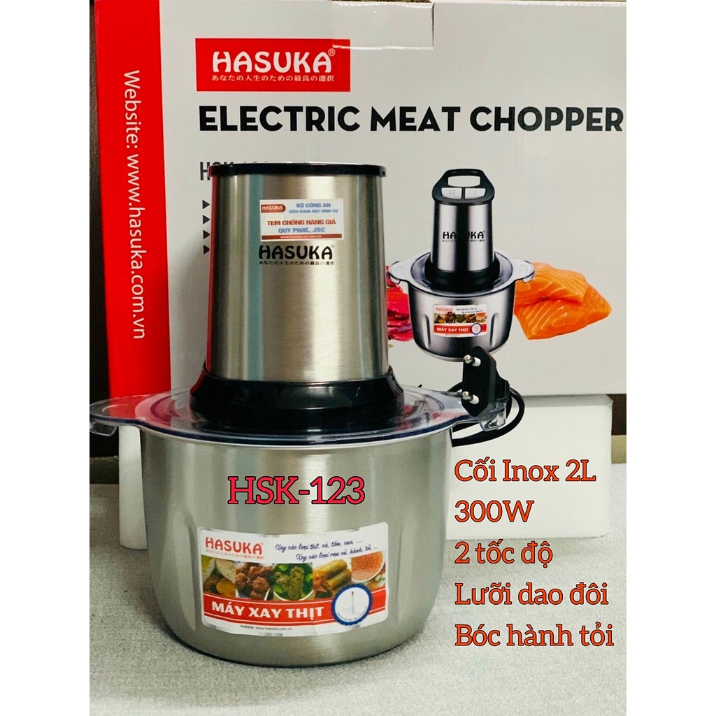 Máy xay thịt Hasuka HSK-123, Xuất xứ Nhật Bản, Bảo hành chính hãng 12 tháng, Cối Inox Siêu bền, Dung tích 2L; Lưỡi inox