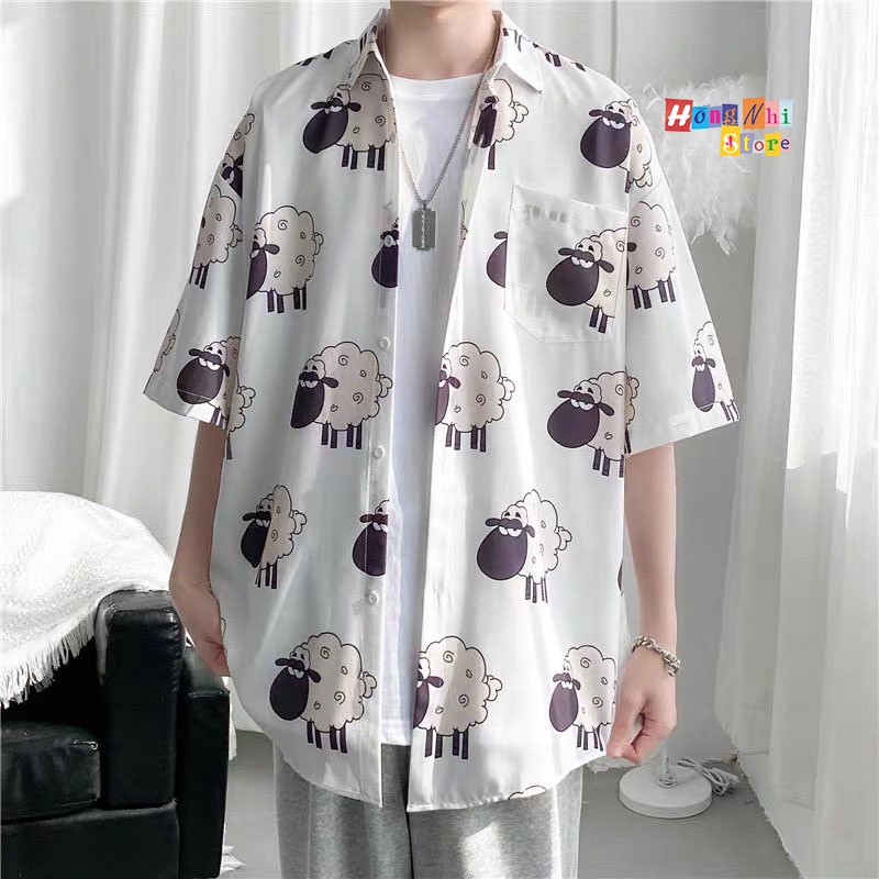 Áo Sơ Mi Họa Tiết Đi Biển Con Cừu Hoạt Hình Tay Lỡ Dáng Rộng Ulzzang Unisex - MM