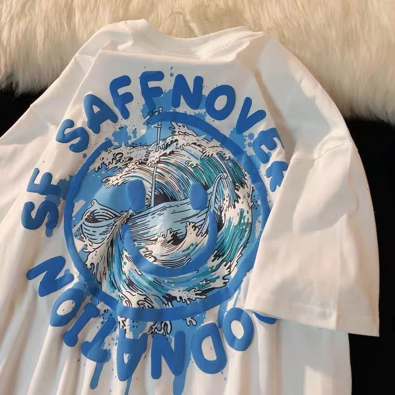 Áo Thun Cotton Tay Ngắn Dáng Rộng In Hình Mặt Cười Phong Cách Hip Hop Thời Trang