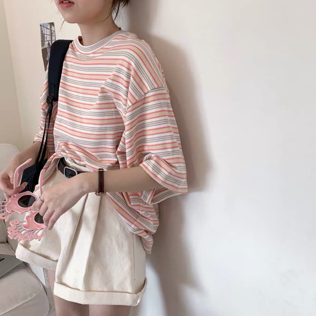 (Order 5-10days) Bigsize M-3XL Áo phông kẻ dáng rộng basic dễ phối đồ năng động
