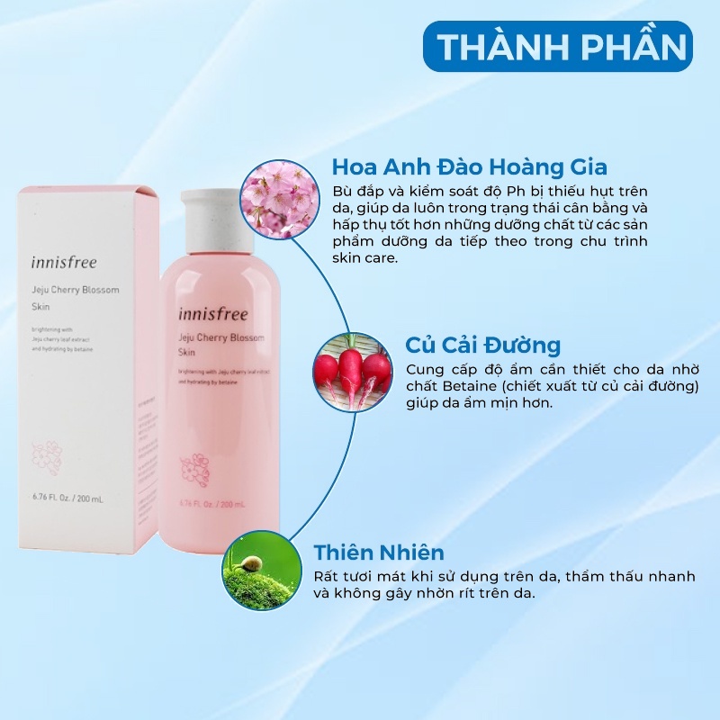 Nước Hoa Hồng Cân Bằng Dưỡng Ẩm Chiết Xuất Lá Hoa Anh Đào Đảo Jeju Innisfree Cherry Blossom Hàn Quốc 200ml