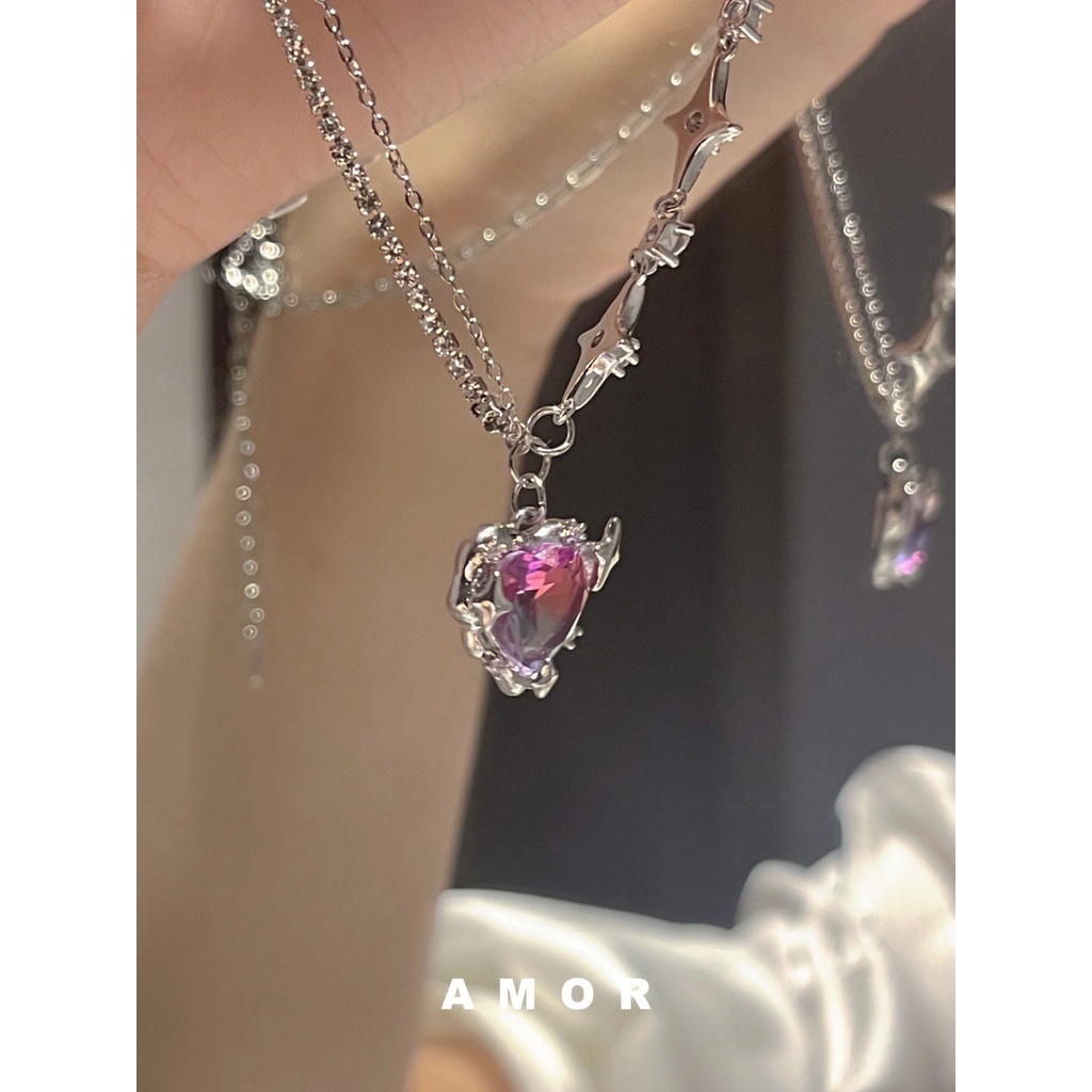 Vòng cổ Bằng Thép Không Gỉ Không Phai Màu Hồng Kim Cương Hình Trái Tim Ghép Nối Thiết Kế niche Ngọt Ngào Cá Tính Cho Nữ