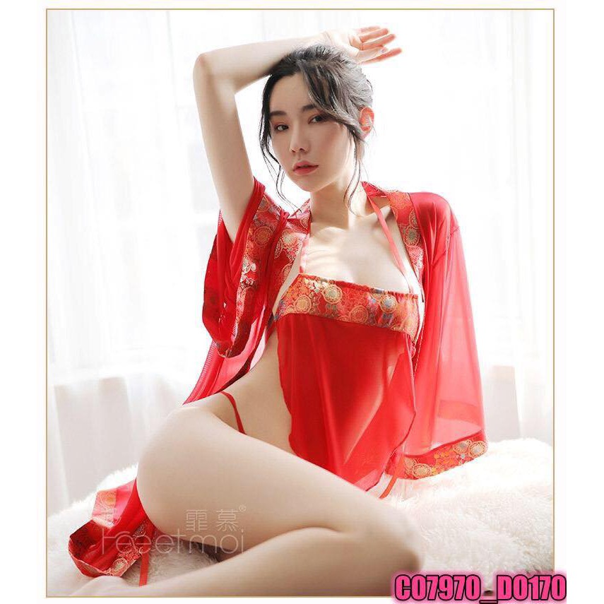 Set Váy Ngủ Ren Lưới Cosplay Cô Gái Trung Hoa Yếm Đỏ Kèm Áo Choàng Ren Lưới Quyến Rũ
