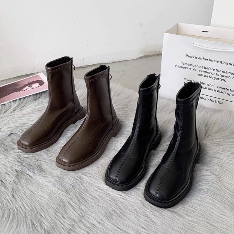Giày Boot Cổ Cao Ulzzang Đế Bằng Mũi Vuông Khóa Sau Cùng Lớp Lót Siêu Ấm Siêu Thời Trang Cho Nữ