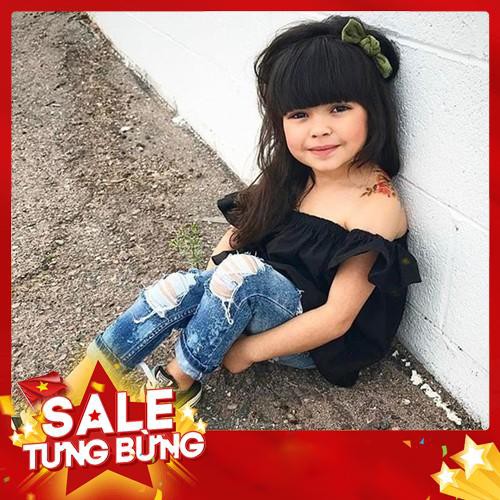 Set áo trễ vai + quần jean dài rách thời trang cho bé gái -Hàng nhập khẩu