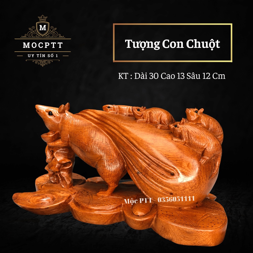 Tượng Con Chuột kéo bao tiền gỗ Hương Đá kích thước 30 x 16 x 12 Cm CG01