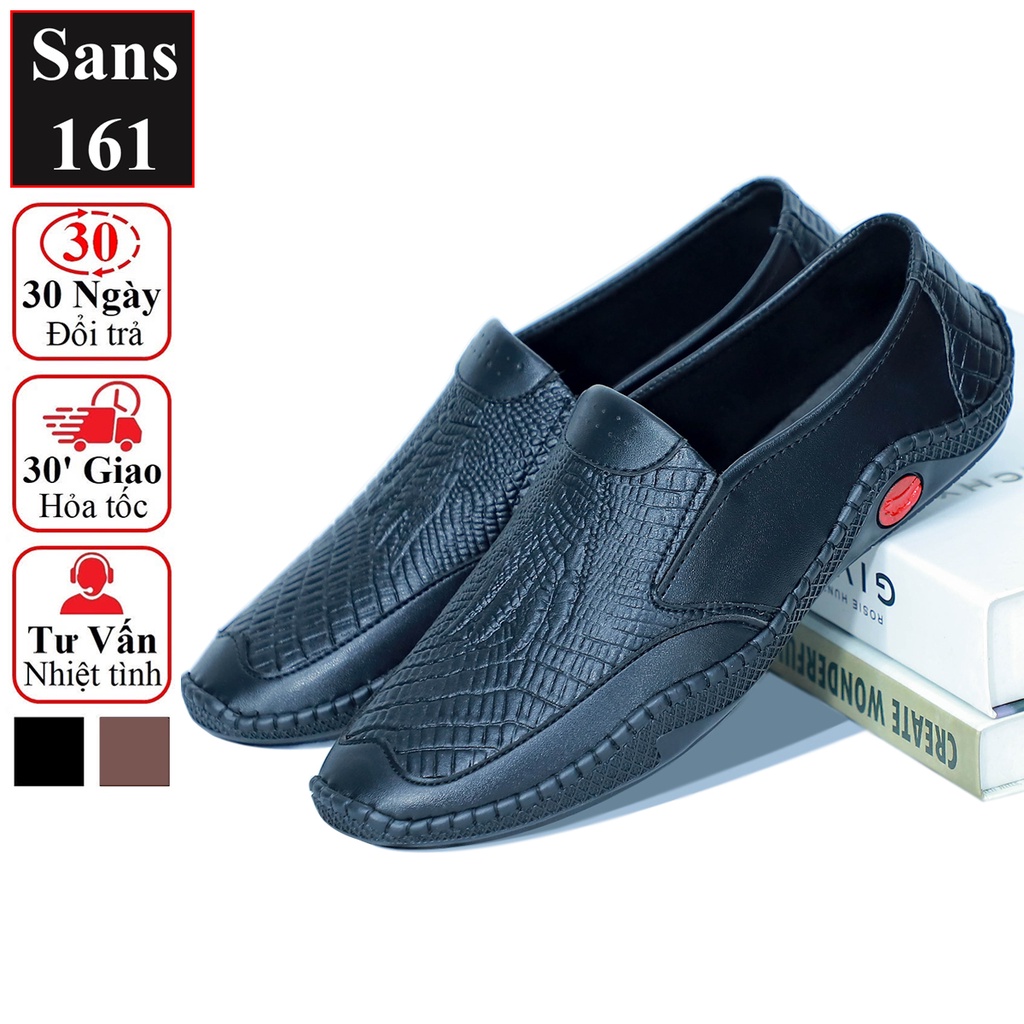Giày mọi nam giá rẻ Sans161 giầy lười moca vân cá sấu mềm đế bệt mũi vuông công sở đen đẹp thời trang hàn quốc