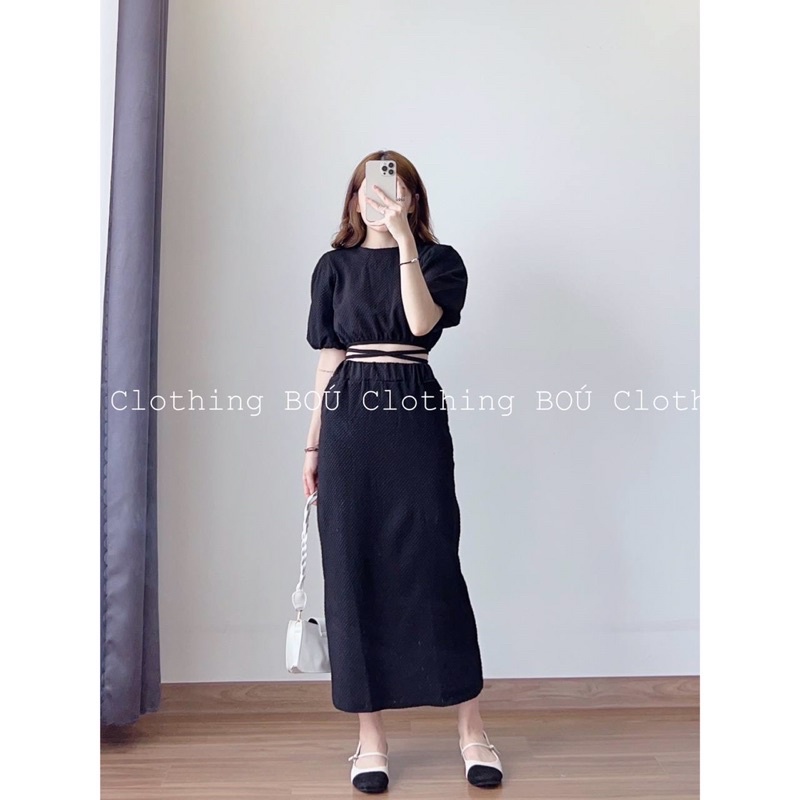 Set croptop xốp tay phồng dây chéo eo + chân váy dài thanh lịch, sang trọng (Ảnh thật)