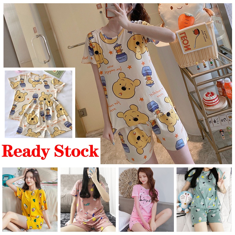 Bộ Đồ Ngủ Pijama Ngắn Tay Cổ Tròn Họa Tiết Hoạt Hình Đáng Yêu Cho Nữ