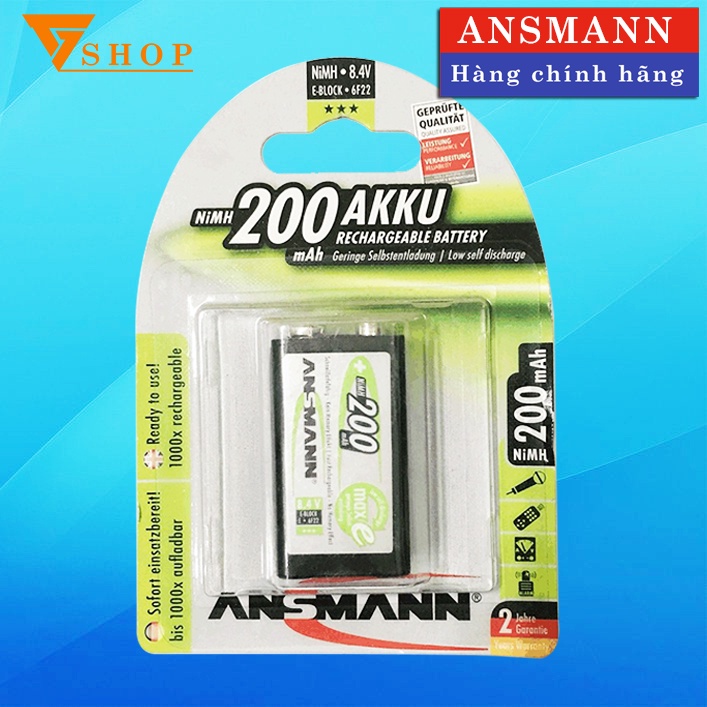1 Vỉ Pin Sạc 9V, Pin Sạc Vuông Ansmann 200mAh ( 1 vỉ 1 viên )