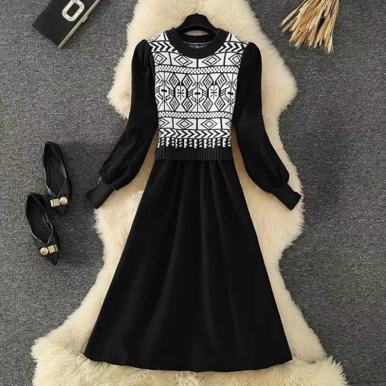 Váy nhung tiểu thư, váy len phối nhung họa tiết cực đẹp mặc là xinh chất len bao ấm hàng thu đông cao cấp | BigBuy360 - bigbuy360.vn