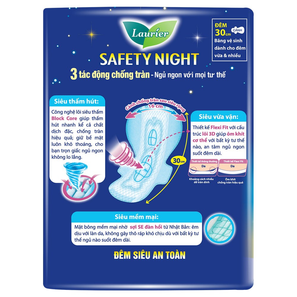 Băng Vệ Sinh Laurier Safety Night Tác Động Chống Tràn 30cm 8 Miếng