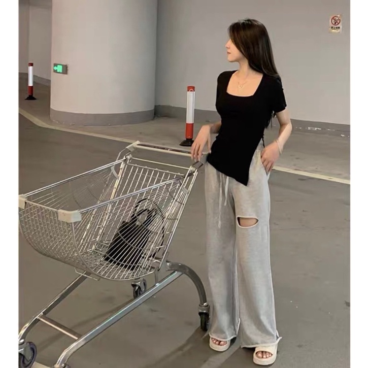 Áo croptop kiểu tay ngắn xẻ tà màu trơn co dãn, Áo thun cổ vuông croptop cá tính phong cách Hàn Quốc