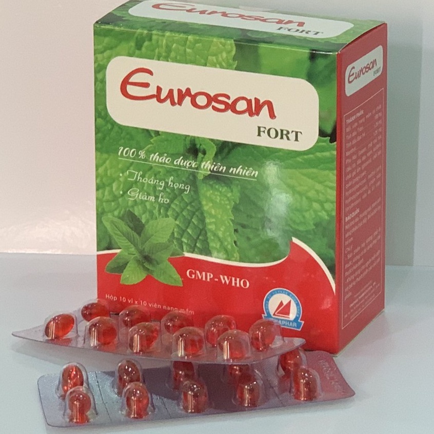 Viên Ho Dầu EUROSAN FORT  -Hộp 100 viên- Giảm Ho, Giảm Đau Rát Họng, Thông Thoáng Mũi Họng Hộp 100 viên