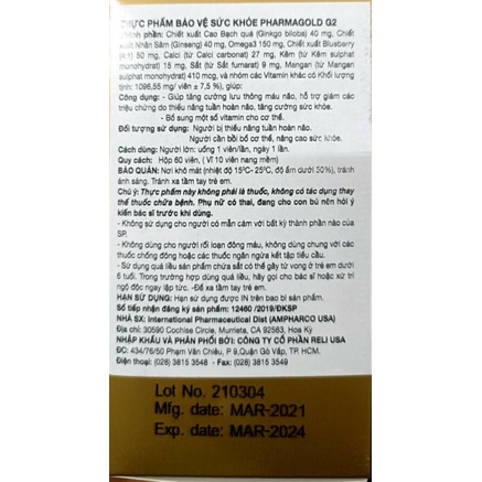 Pharmagold G2tăng cường lưu thông máu,thiểu năng tuần hoàn não,bổ sung vitamin cho cơ thể