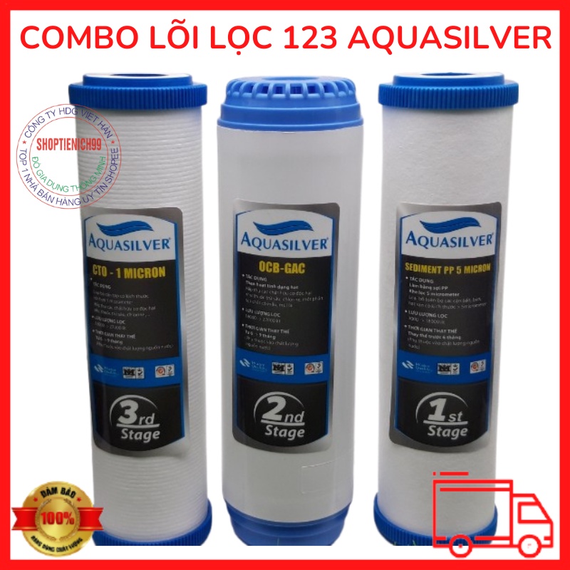 Combo Lõi Lọc 1-2-3 Aquasilver Hàn Quốc Cao Cấp Chính Hãng Giá Rẻ Lắp Cho Các Loại Máy Lọc Nước R/O.