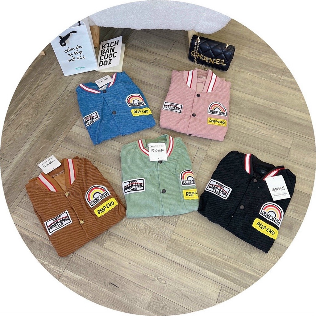 Áo khoác bomber nhung tăm unisex, varsity jacket bomber nhung tay phồng có kèm túi áo thêu deep end Bunny_035