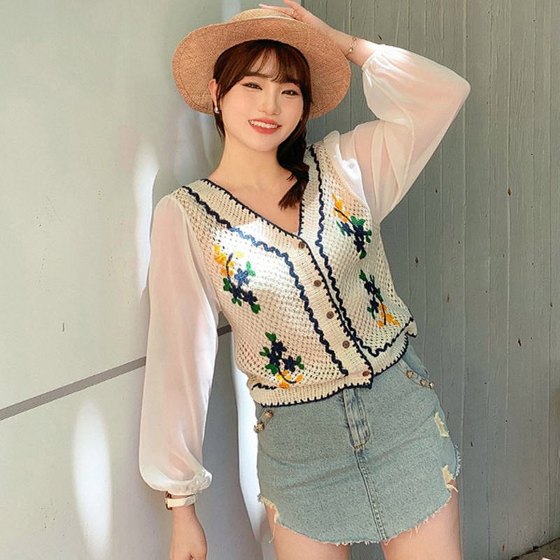 Áo Khoác Cardigan Dệt Kim Tay Dài Cổ Chữ V Phối Nút Thiết Kế Đục Lỗ Thời Trang