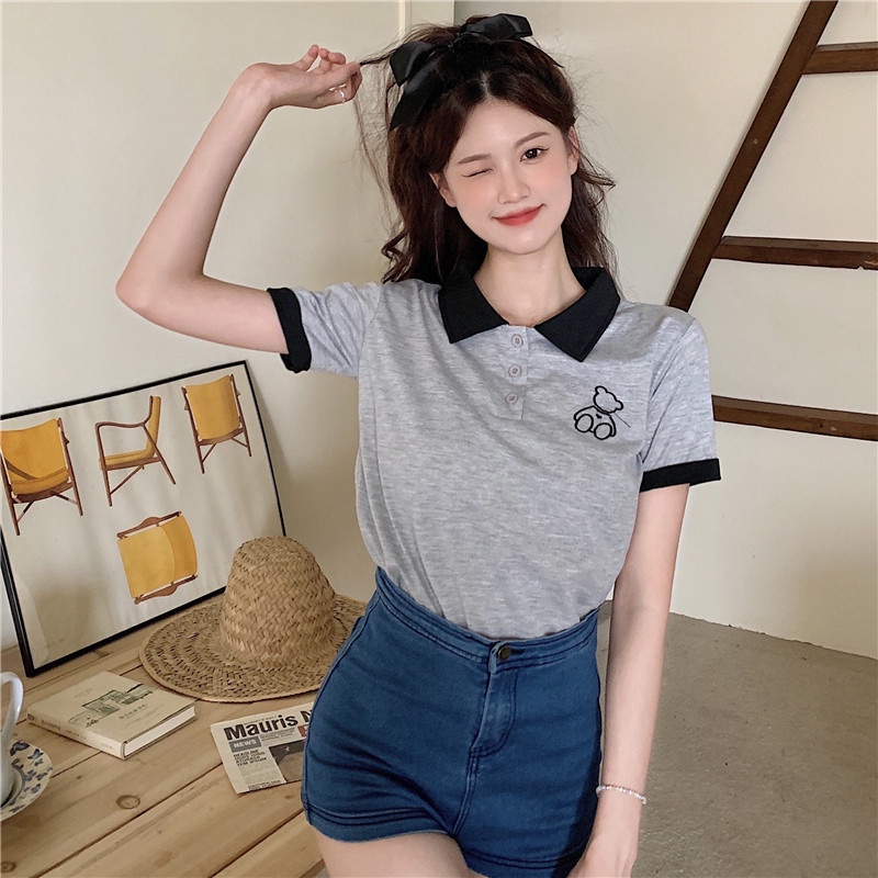Áo kiểu SUXI cổ polo họa tiết đơn giản thời trang mùa hè dành cho nữ