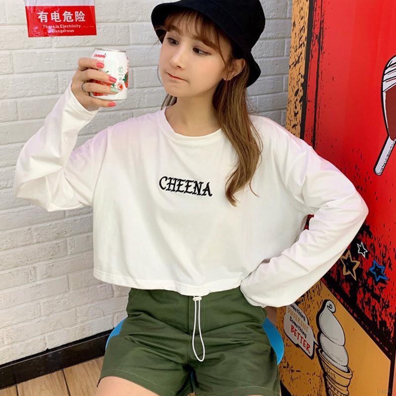 Áo Thun Tay Dài Form Croptop In Chữ CHEENA Kếp Hợp Dây Rút Eo Độc Đáo TTSL0316