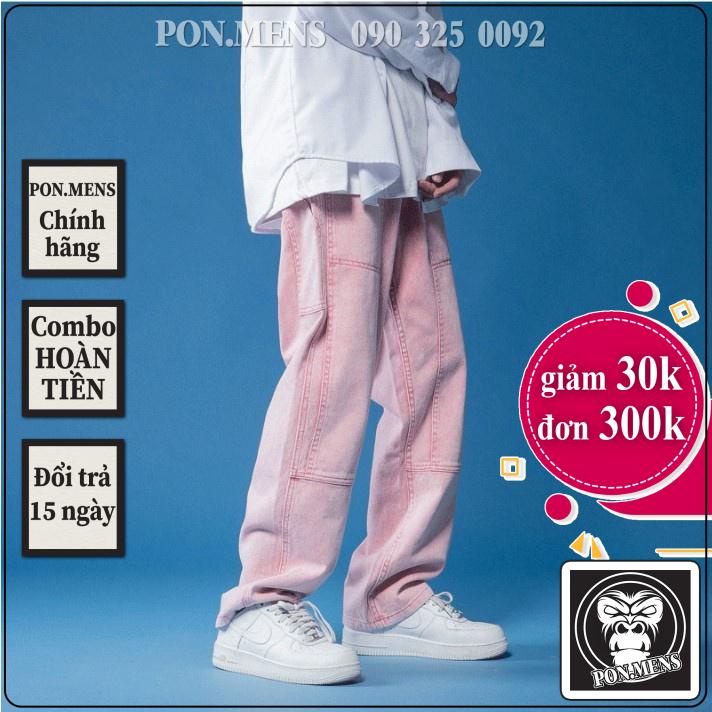 Quần jean ống suông rộng nam nữ unisex màu hồng đẹp trang trí dây mới hà nội hcm 396 Pon.mens