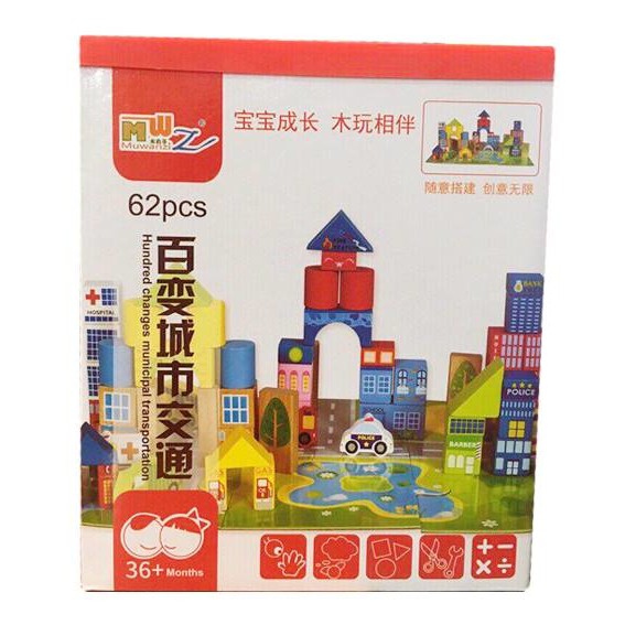 Bộ đồ chơi lắp ghép mô hình thành phố bằng gỗ 62 chi tiết