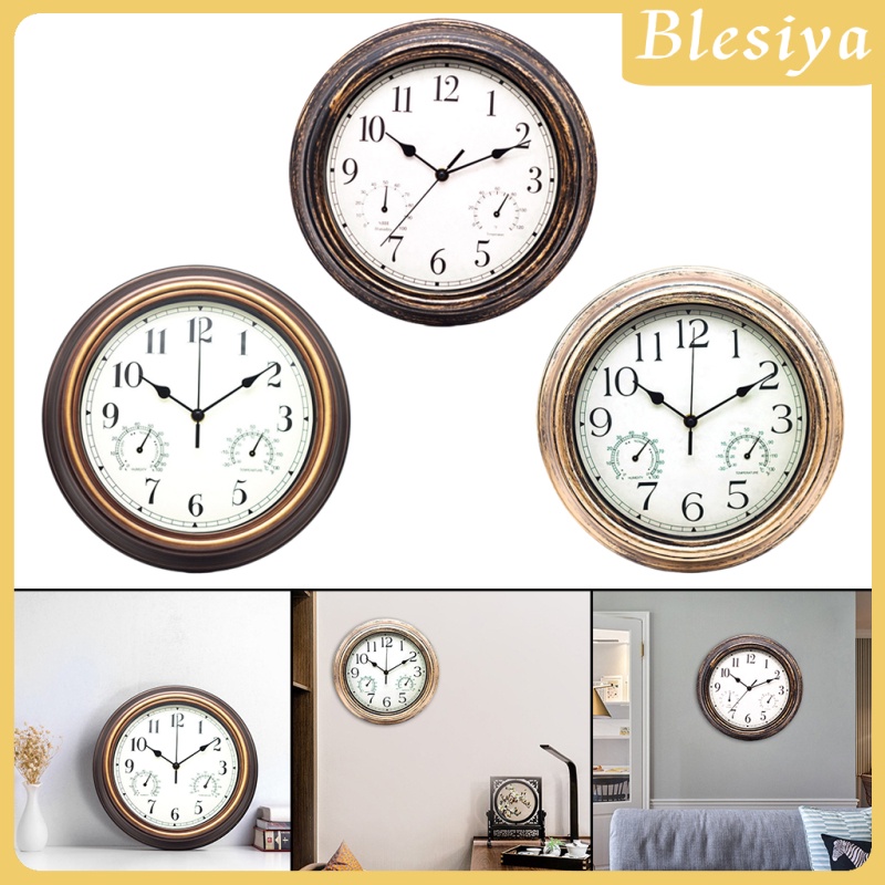 [BLESIYA]Silent 12 Inch Wall Clock with Thermometer and Hygrometer Display, Non Ticking Quartz Sweep Movement Battery Operated Modern Style for Home, Office