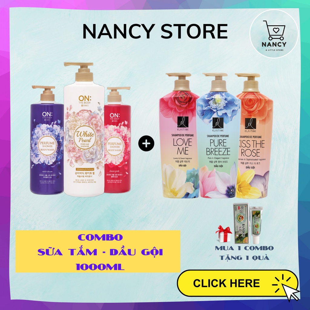 Dầu gội Elastine hương nước hoa và Sữa tắm hương nước hoa On The Body Perfume 2021 - Hàn Quốc 1000Ml (combo tặng 1 quà)