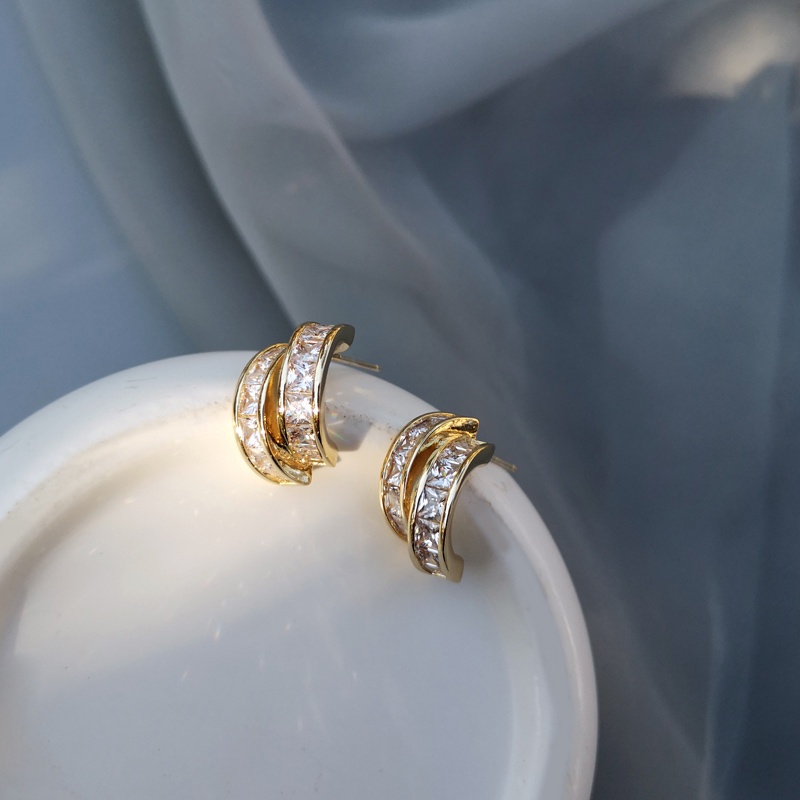 Bông Tai Hai Lớp Hình Chữ C Đính Đá zircon Thời Trang Hàn Quốc Cho Nữ