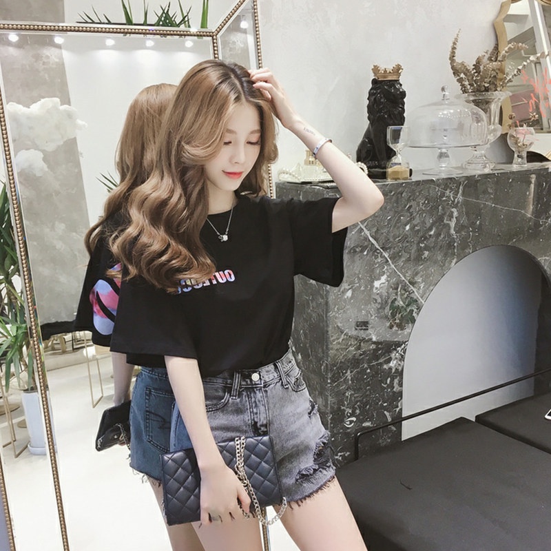 Áo Thun Nữ Ngắn Tay In Chữ Sau Lưng Phong Cách Hàn Quốc