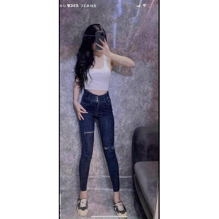 Quần jeans ôm lưng cao 3 khuy cá cạp cách điệu