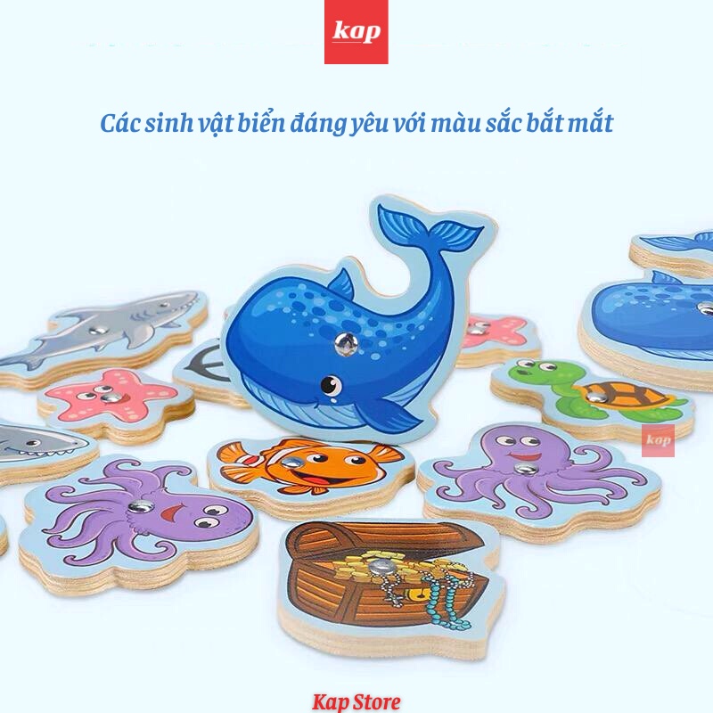Đồ chơi câu cá gỗ (gồm 4 mảnh ghép hồ câu), bộ đồ chơi câu cá nam châm