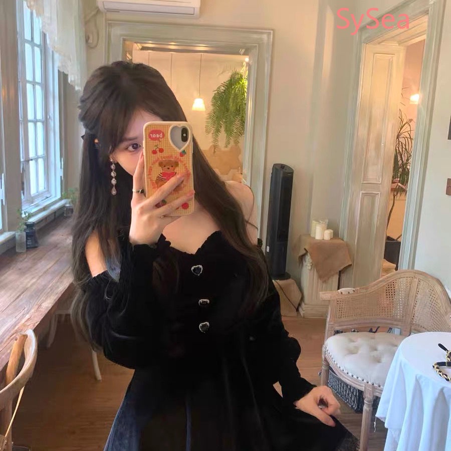 Đầm nhung đen dáng chữ A trễ vai tay dài thời trang mùa hè cho nữ